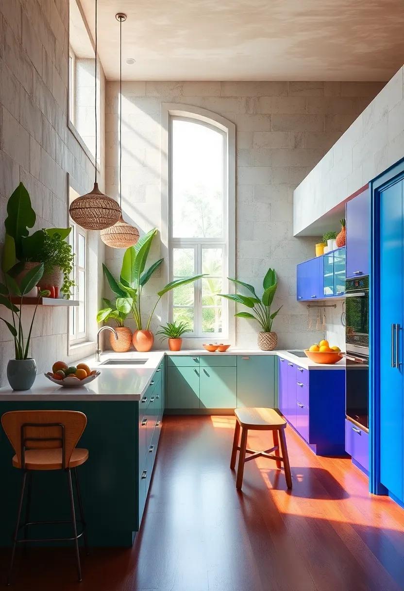 Sunlight Streaming Through Large Windows Highlighting Vibrant Kitchen Color Palettes