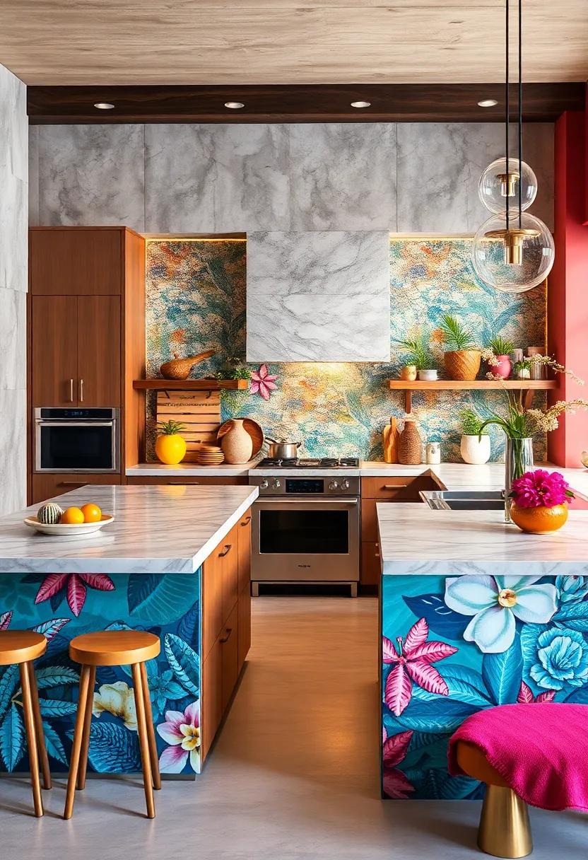 Vibrant Mosaic Patterns Framing Kitchen Islands Inspired by Tropical Beaches and Reefs