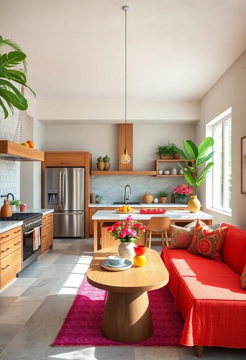 Woven Textures and Bold Colored Fabrics Enhancing Tropical Feel in Kitchen Seating Zones