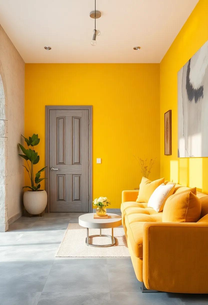 Balancing Matte Grey Floor Tiles with Bright Yellow Accent Walls for a Bold Entryway Statement