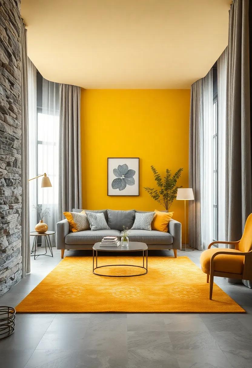 Calming Grey Curtains Paired with Yellow Rugs to Ground the Room's Palette with Practical Elegance