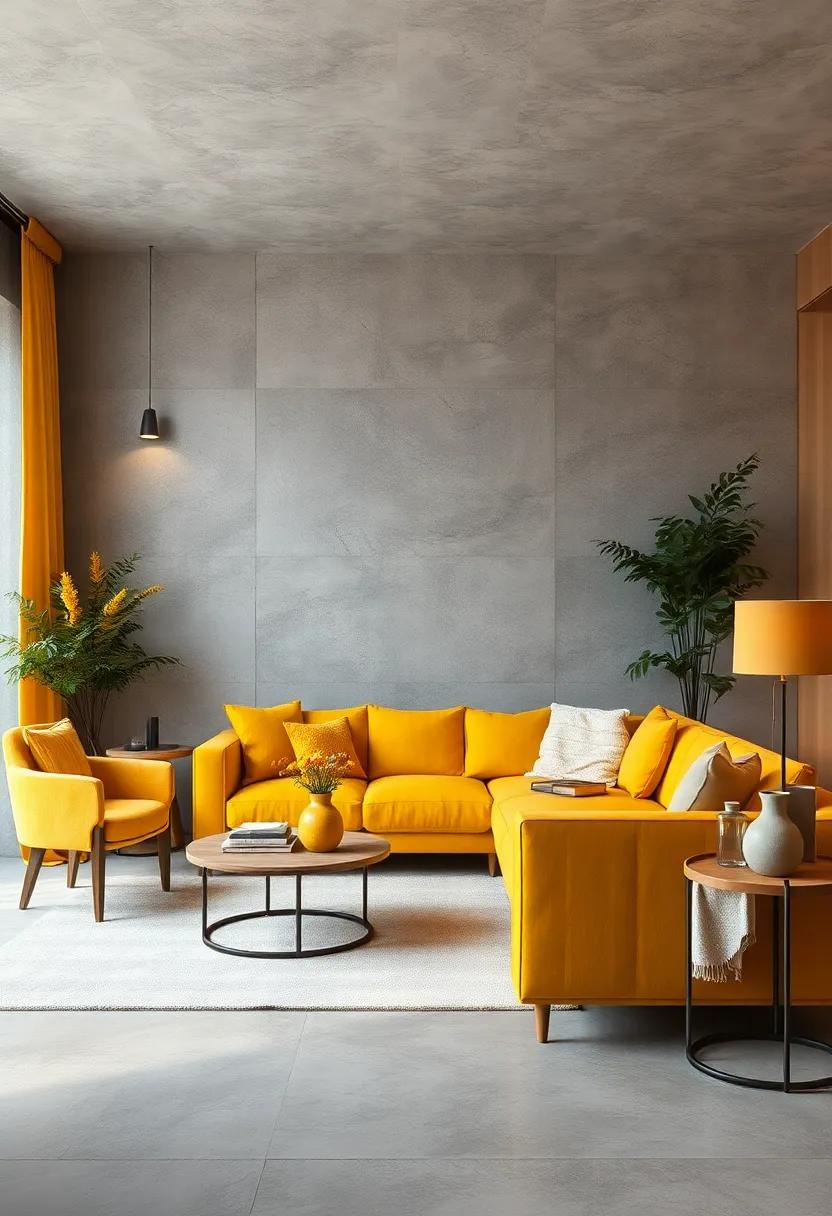 Soft Grey Textures Complementing Bold Yellow Furnishings to Create a Harmonious Room Ambiance
