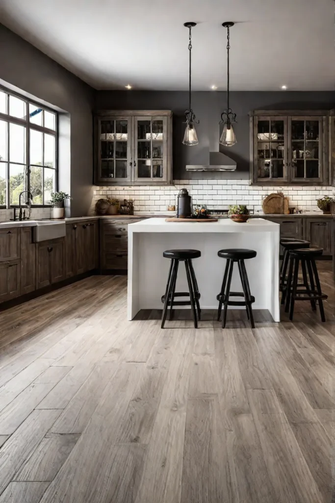 A cozy farmhouse-style kitchen with a combination of warm hardwood and durable
