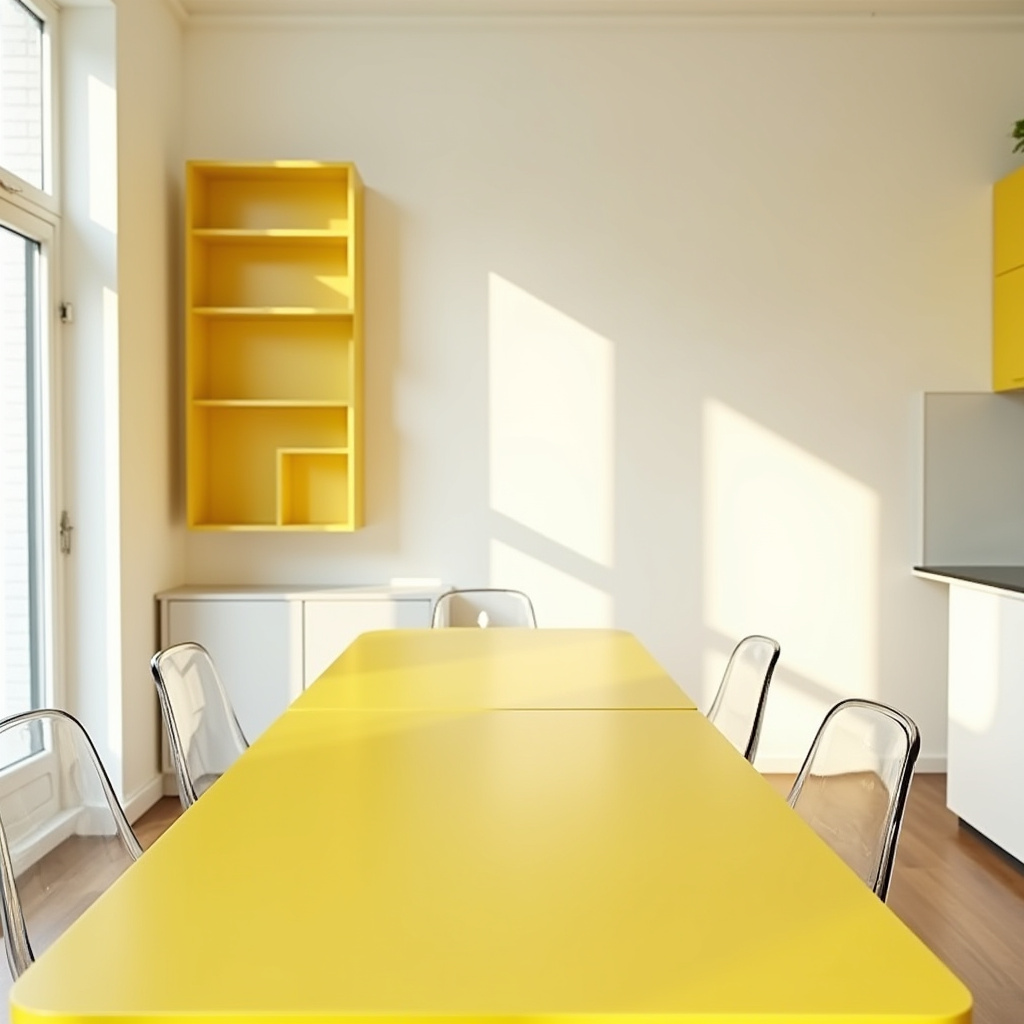 Yellow dining room with acrylic chairs