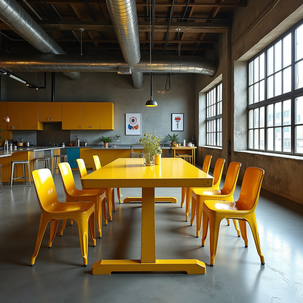 Yellow metal dining table in industrial loft