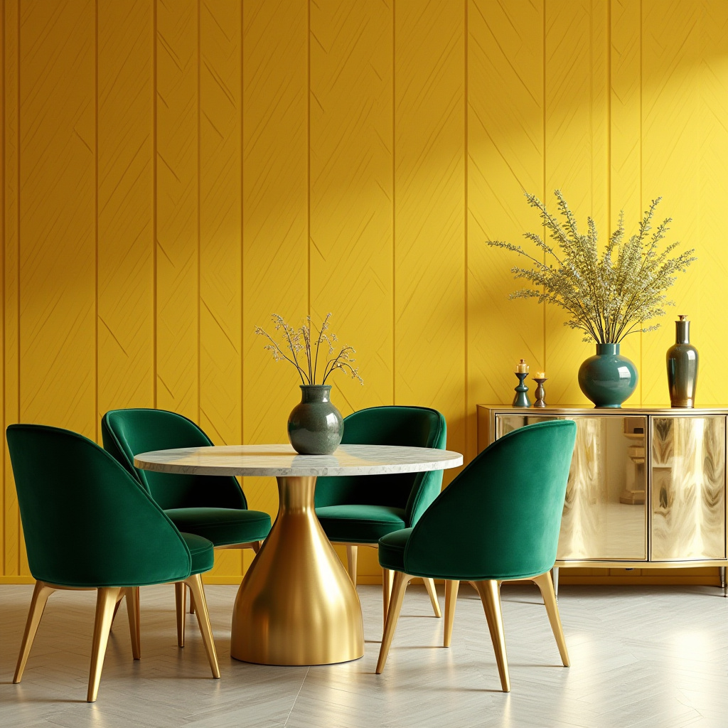 Yellow dining room with velvet chairs