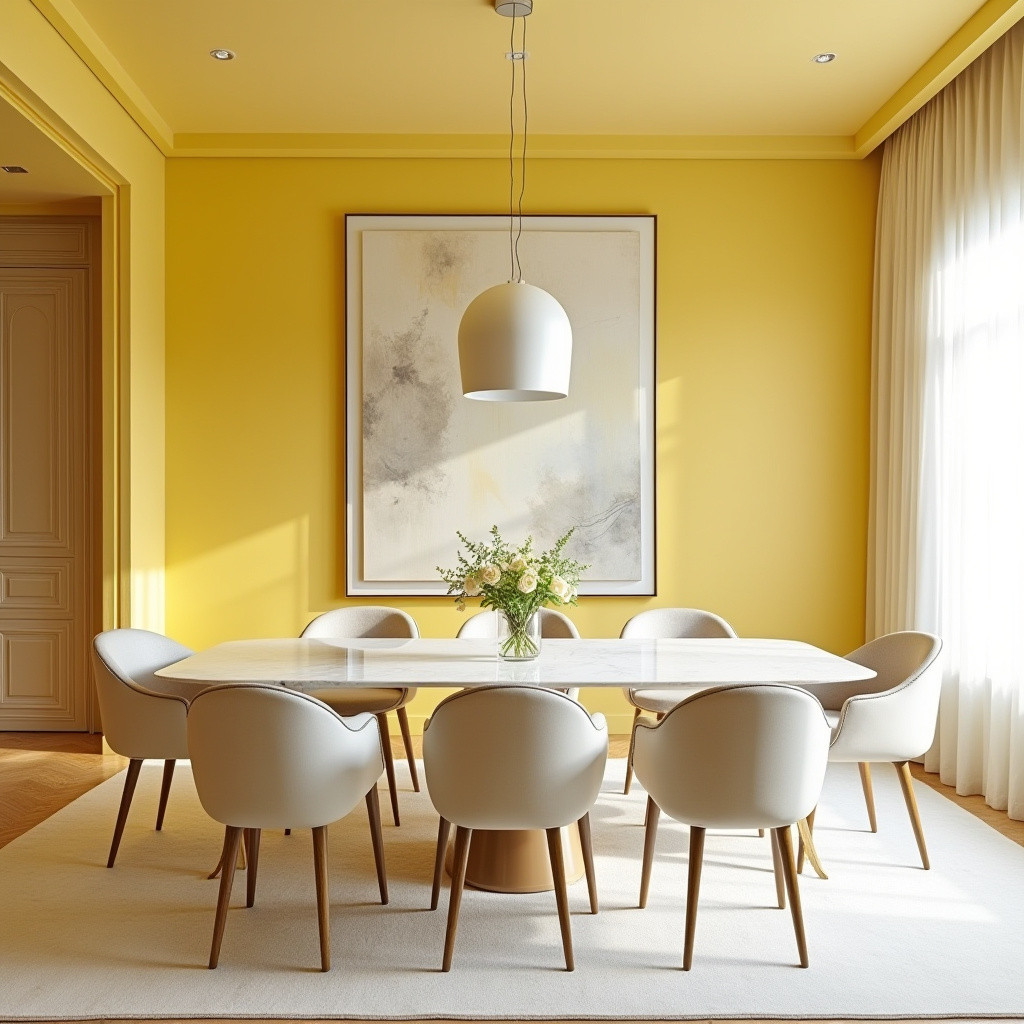 Yellow dining room with marble table
