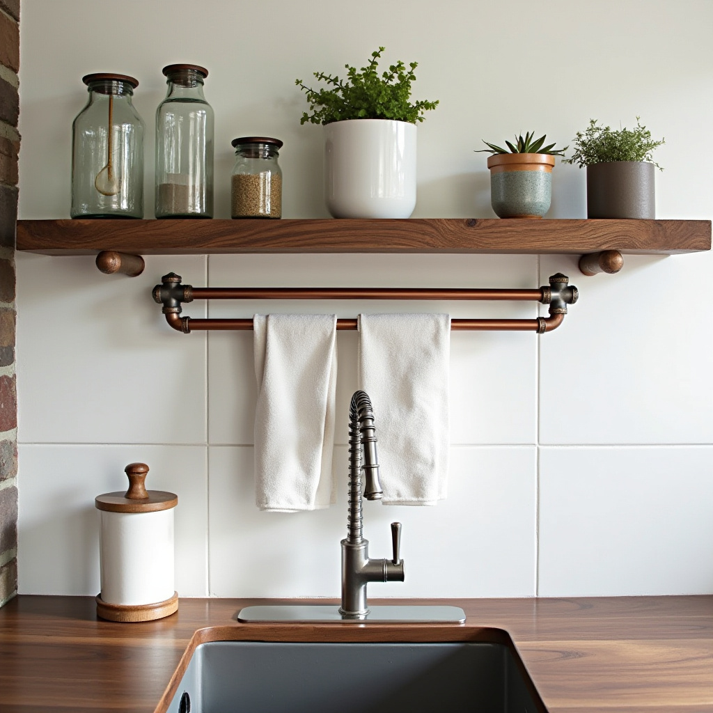 live-edge walnut shelf with copper pipe towel rack