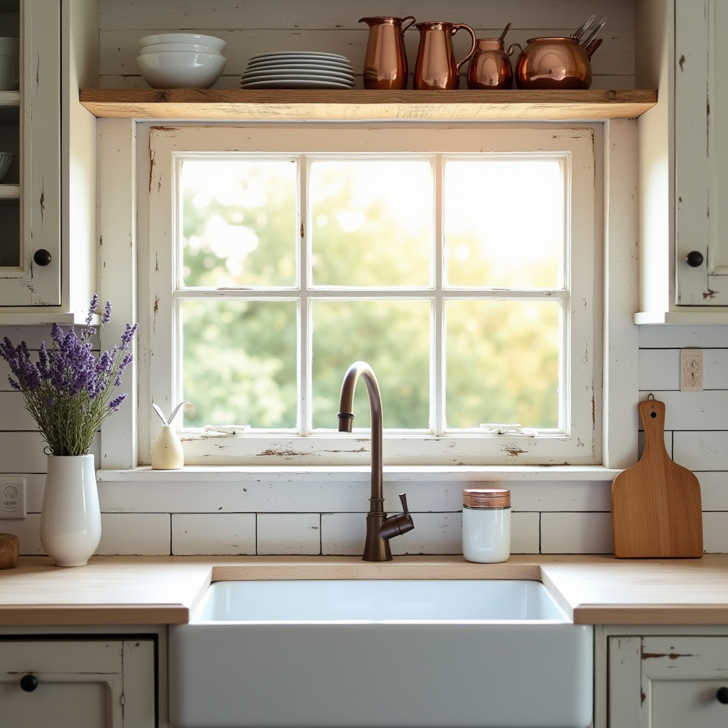 French country distressed wood shelf with lavender