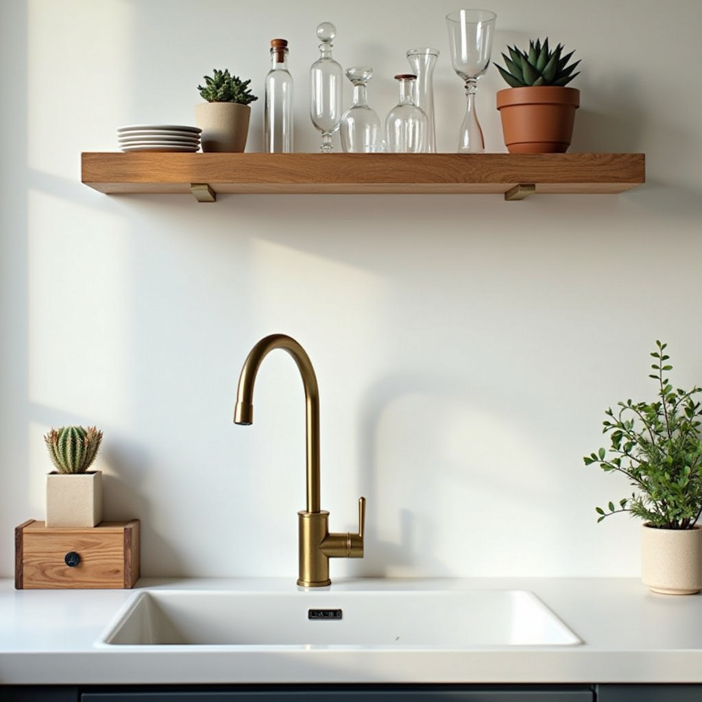 mid-century modern brass and wood shelf with succulents