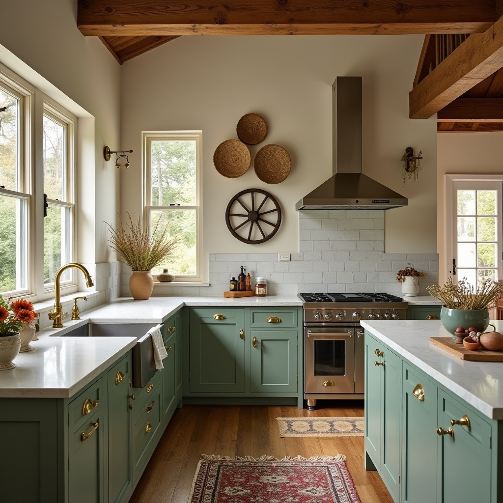 farmhouse kitchen with sage green cabinets