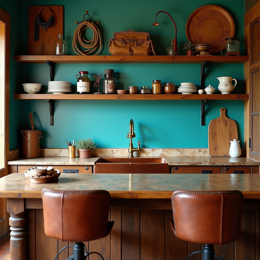 southwestern kitchen with turquoise accent wall