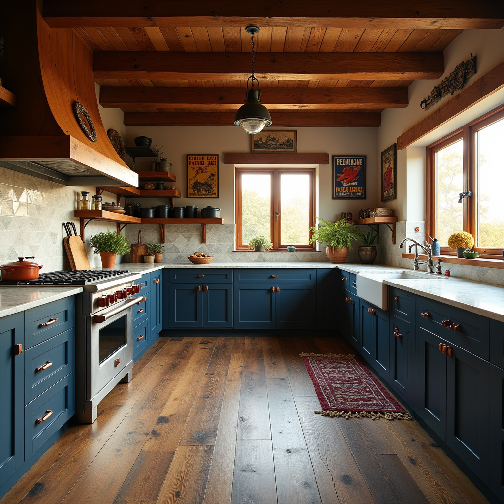 classic western kitchen with dark blue cabinets