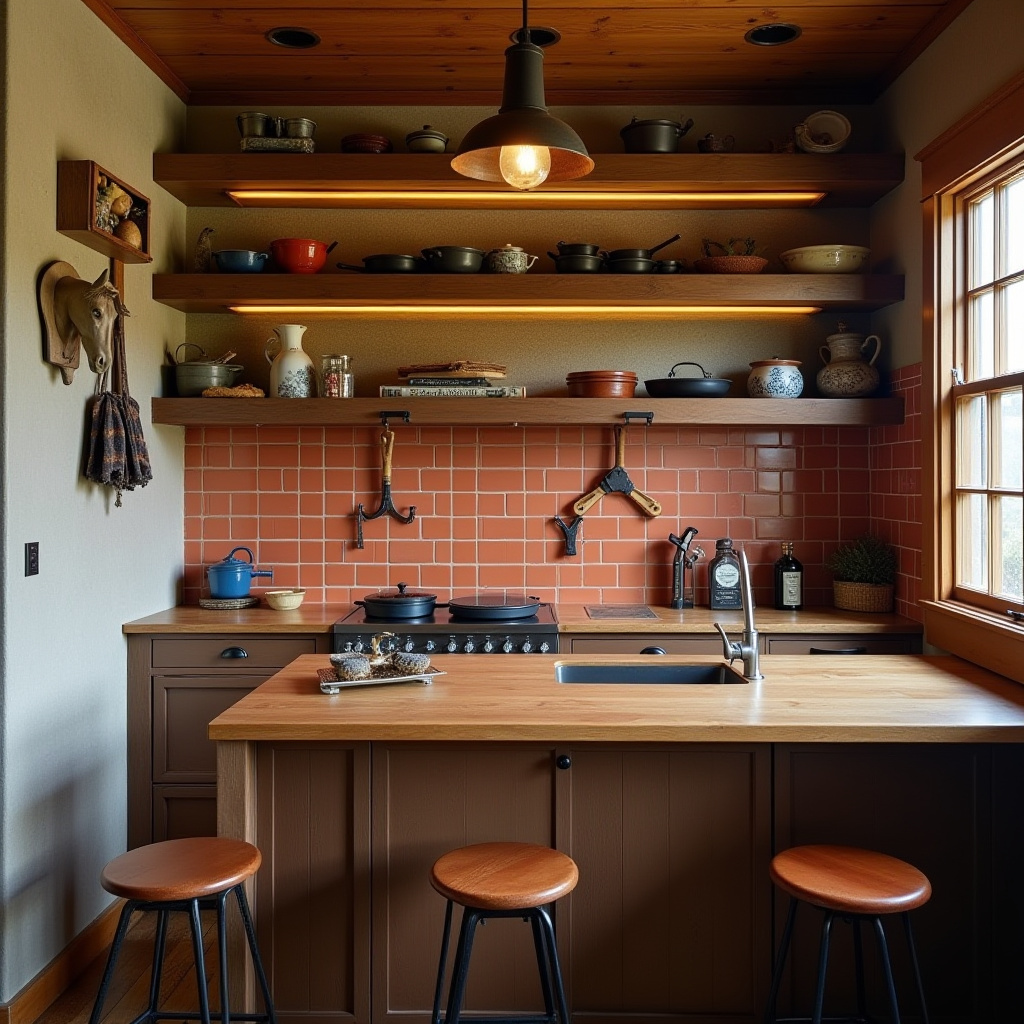 compact western kitchen with floating shelves