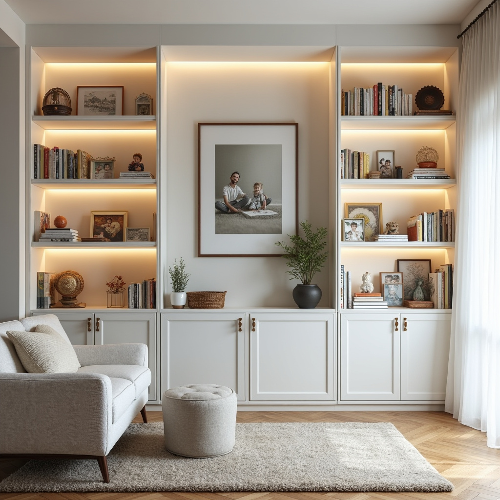 white bookshelf decor family living room