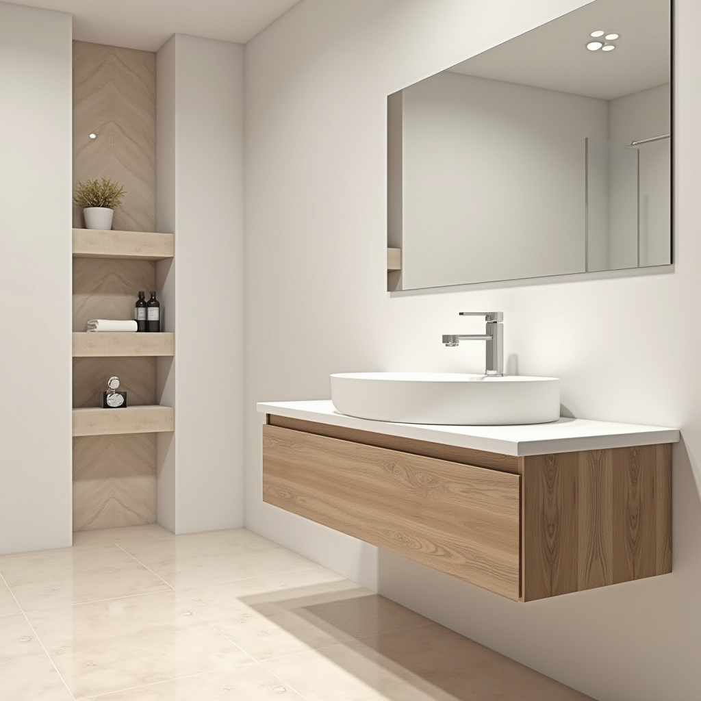 minimalist bathroom with floating wooden vanity