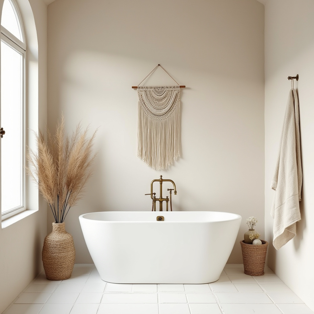 bohemian bathroom with textured plaster walls