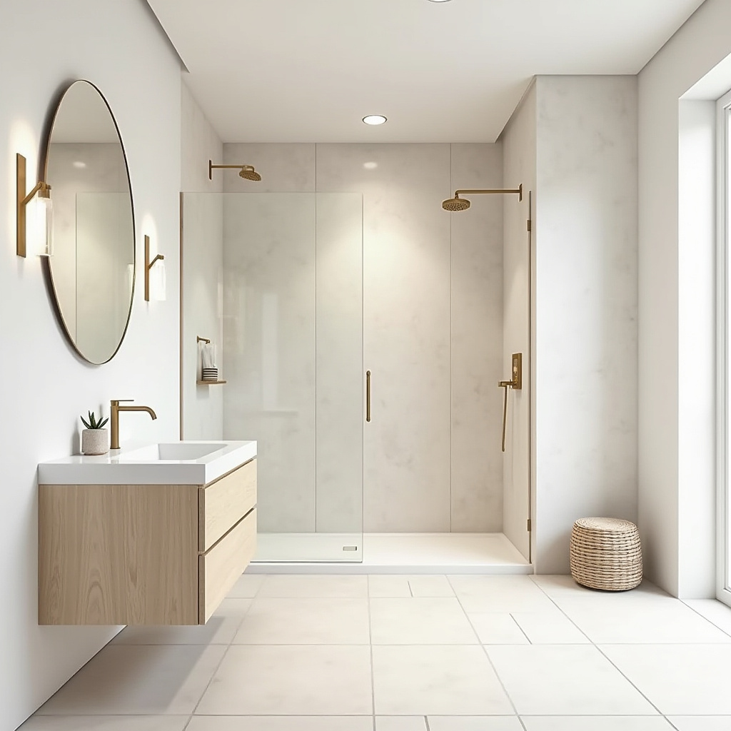 Scandinavian minimalist bathroom with large tiles