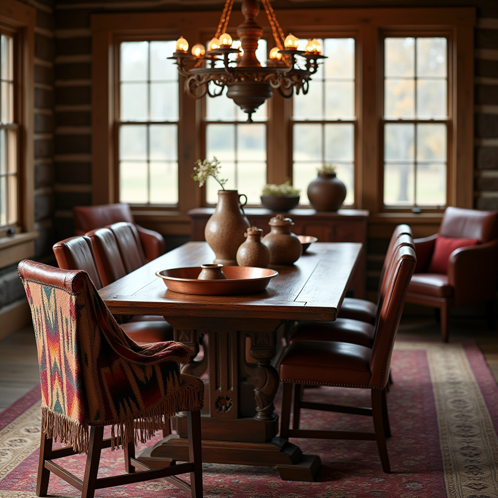 carved wooden dining table with tooled leather chairs