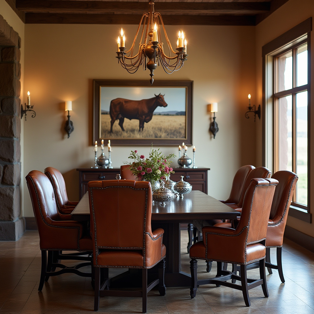 elegant western dining room with leather chairs
