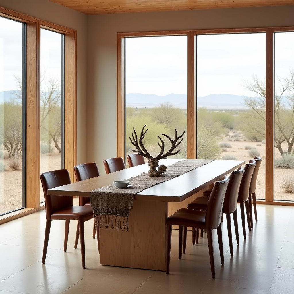 antler sculpture in minimalist dining room