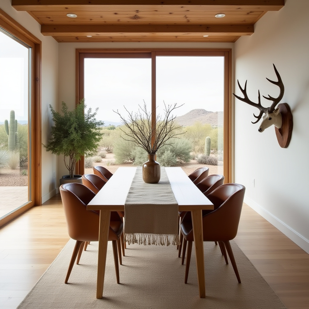 minimalist western dining room with light oak table