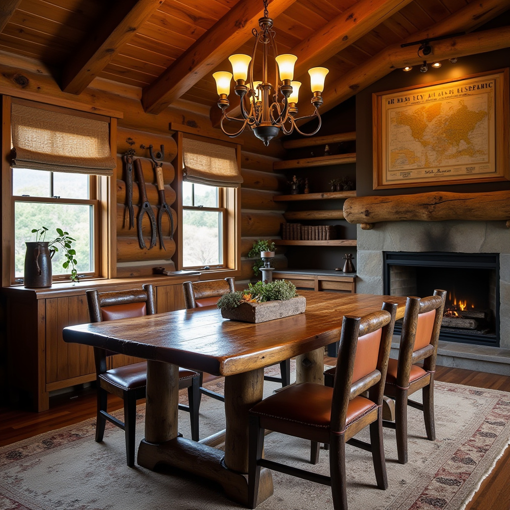 cabin style western dining room with log-edge table