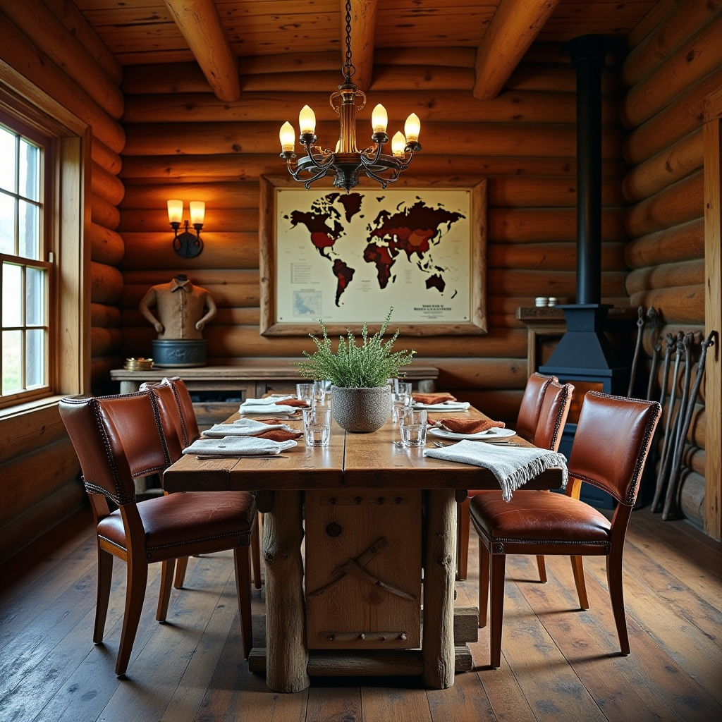 vintage maps and ranch tools in dining room