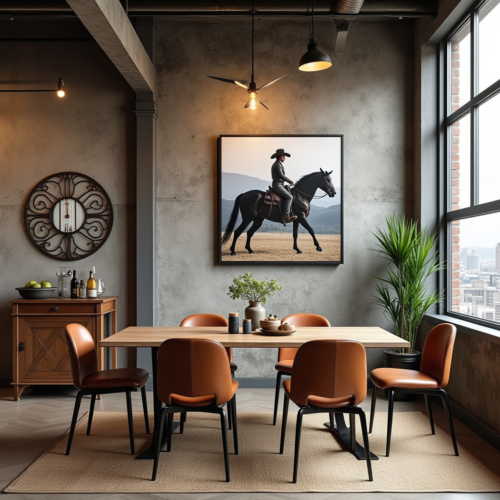 urban western dining room with metal and wood table