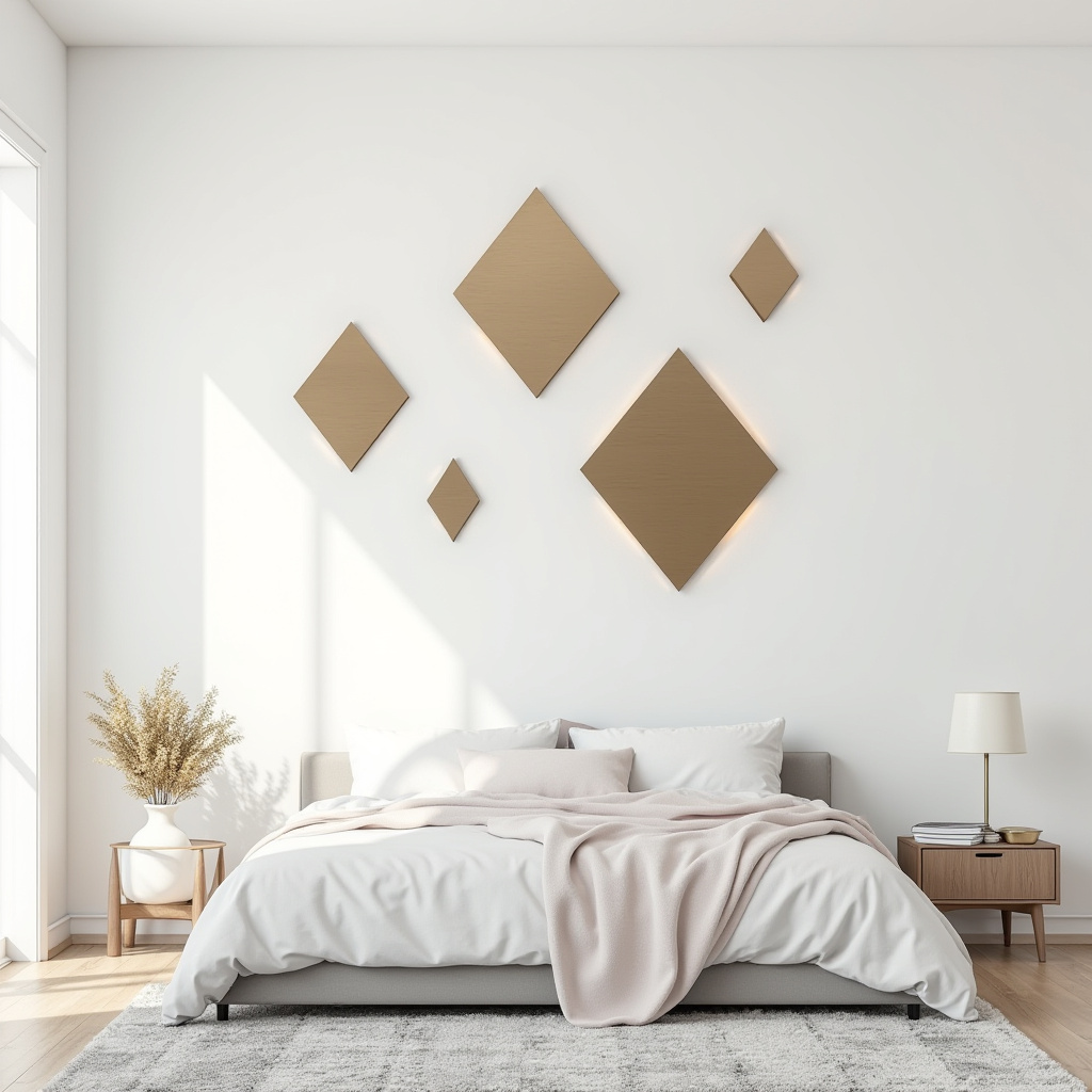 Modern bedroom with geometric metal wall art