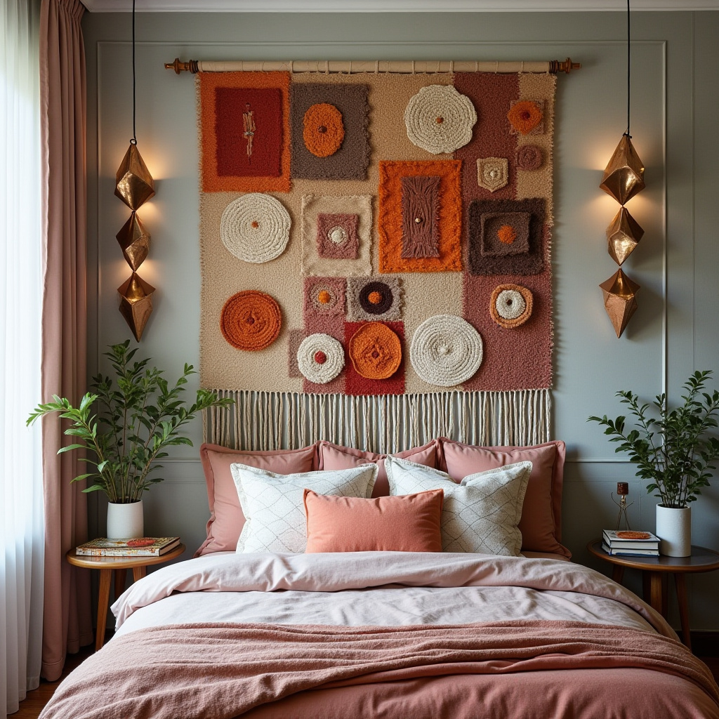 Eclectic bedroom with mixed media wall installation