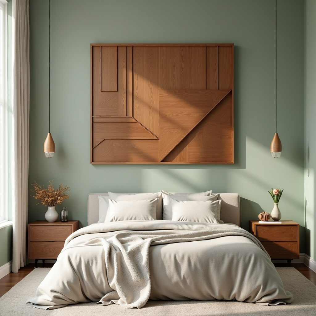 Mid-century modern bedroom with wood veneer art