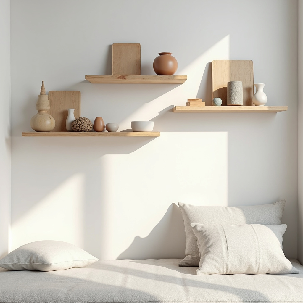 Nordic bedroom with wooden shelves