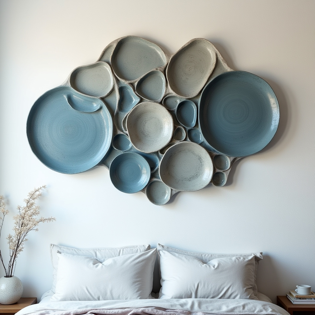 Bedroom with large ceramic wall sculpture
