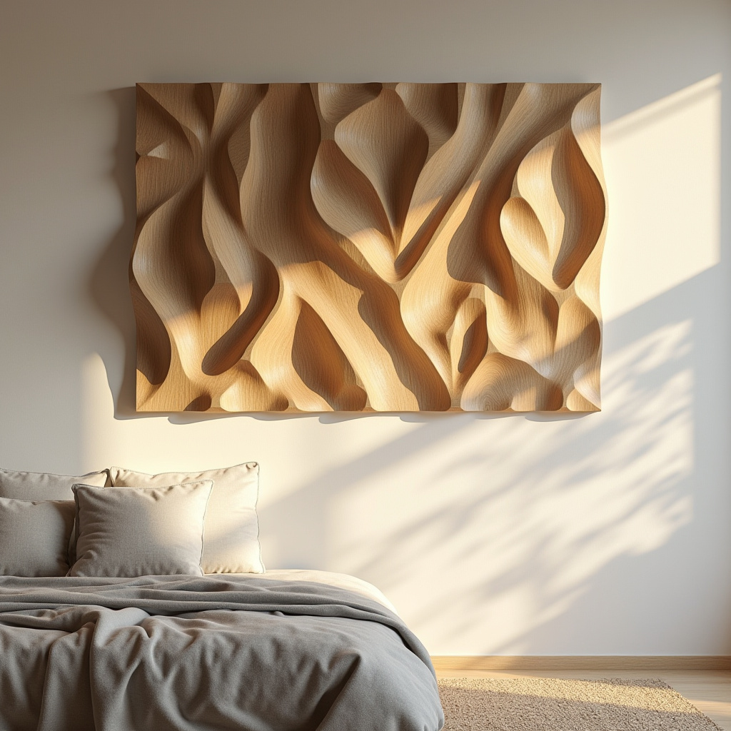 Bedroom with 3D geometric wood panel installation