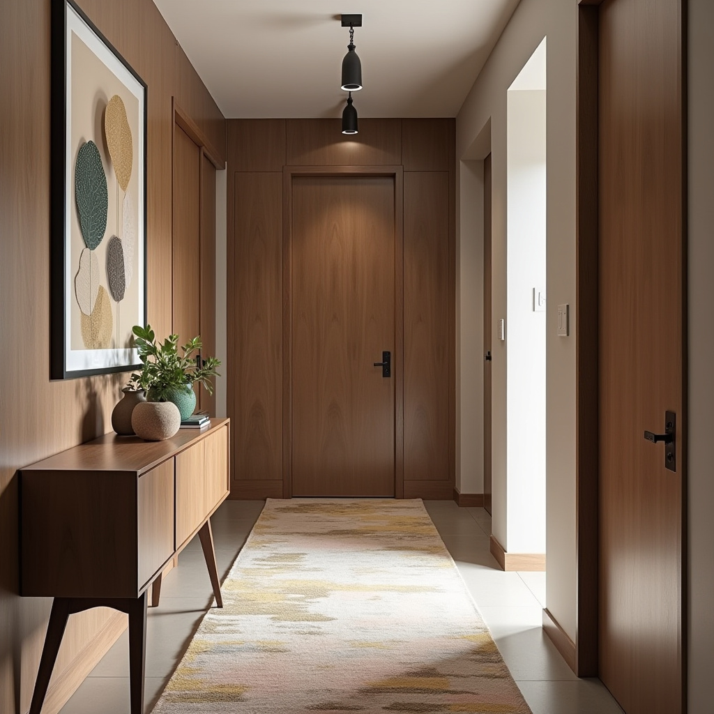 Mid-century modern hallway with wood paneling