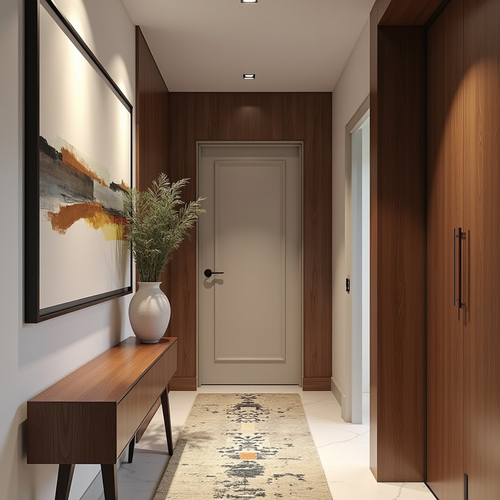 Geometric art in mid-century hallway