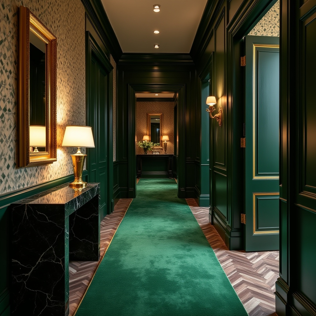 Art deco hallway with geometric wallpaper