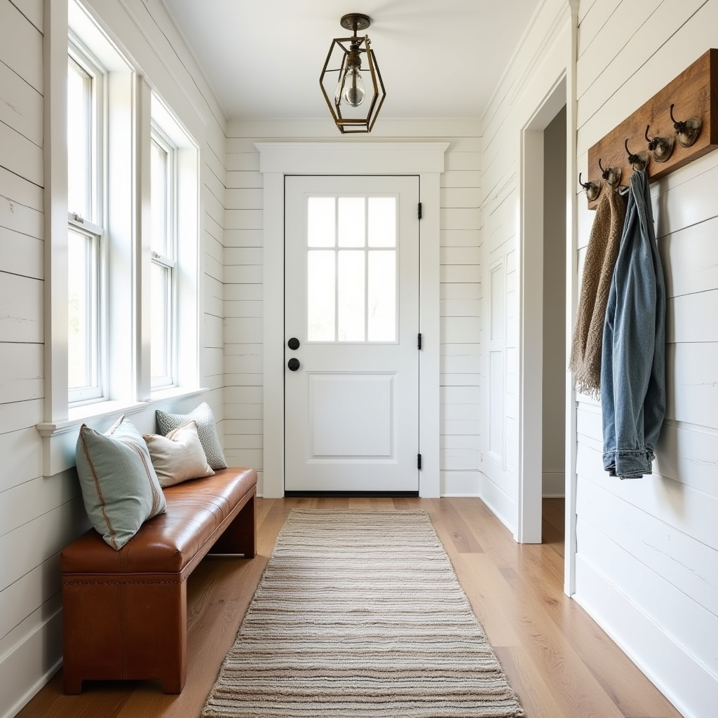 Rustic farmhouse hallway with shiplap