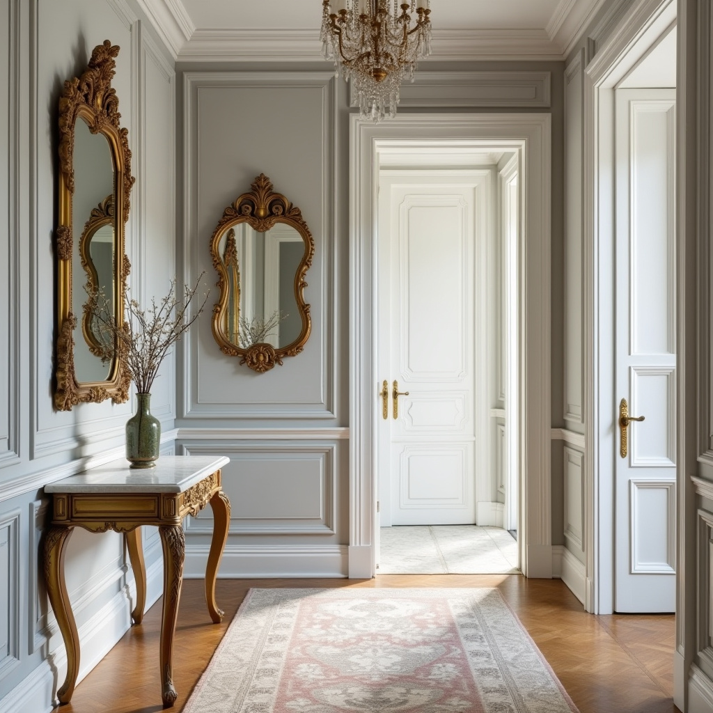 Parisian chic hallway with gold mirrors