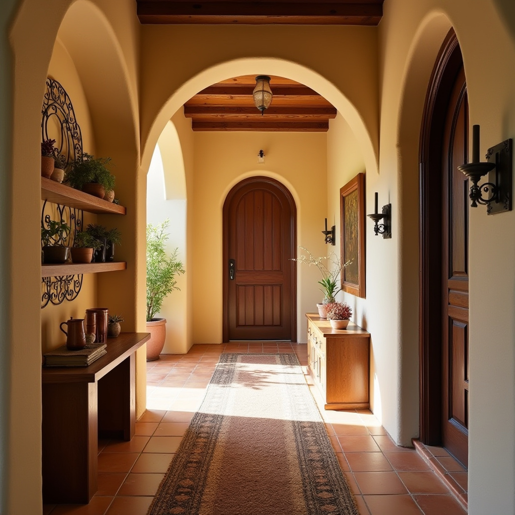 Arched shelving in Mediterranean hallway