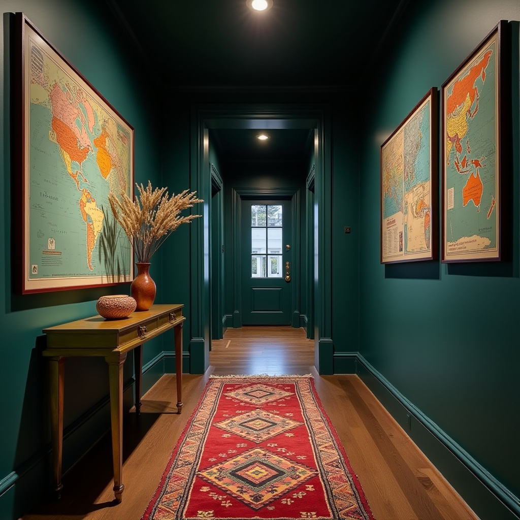 Eclectic hallway with travel posters