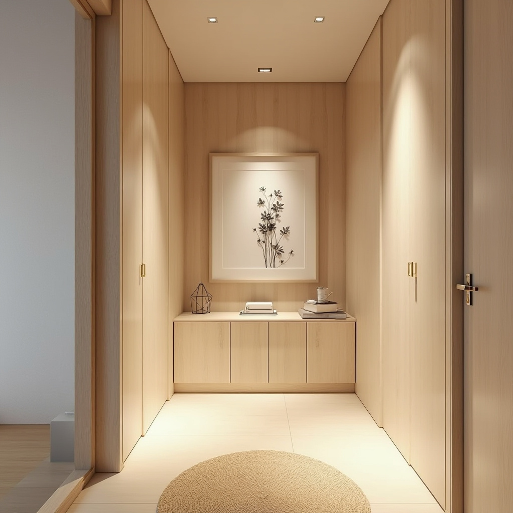 Zen minimalist hallway with wood paneling