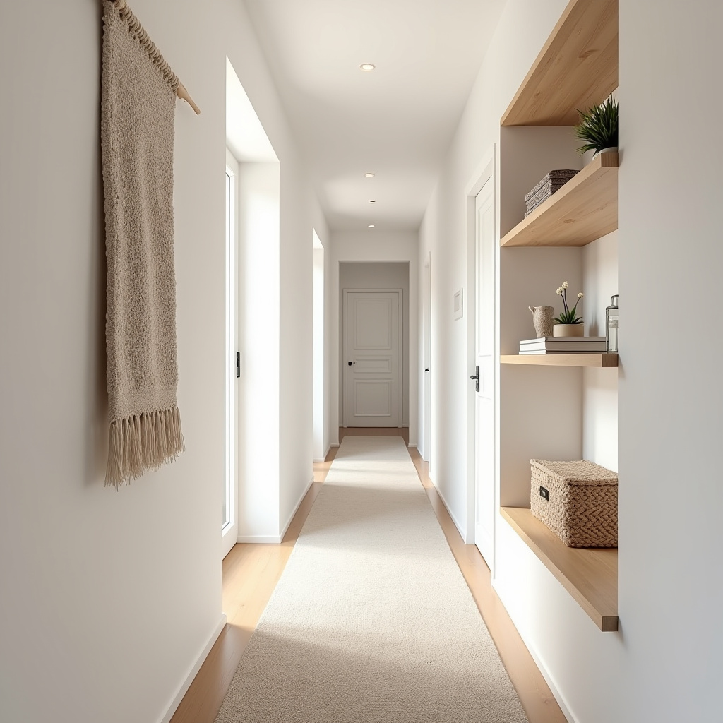 Light wood shelves in hygge hallway