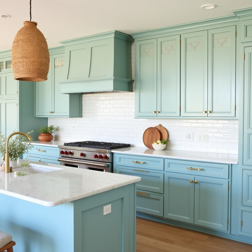 Coastal teal blue kitchen with shaker cabinets