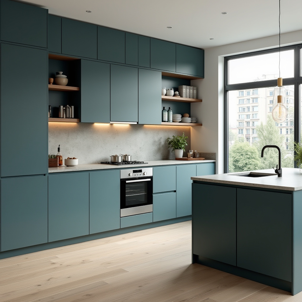 Scandinavian minimalist teal blue kitchen