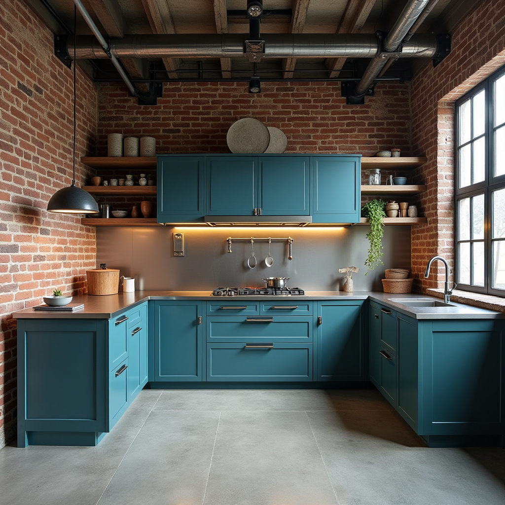Industrial loft teal blue kitchen