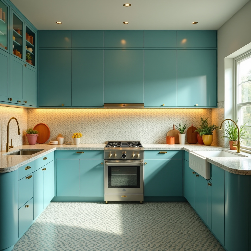 Mid-century modern teal blue kitchen