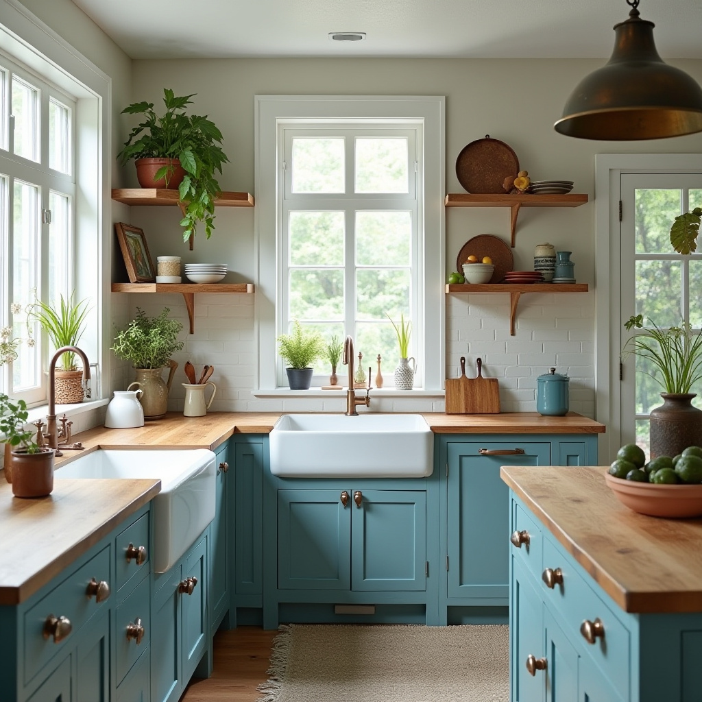 Farmhouse style teal blue kitchen