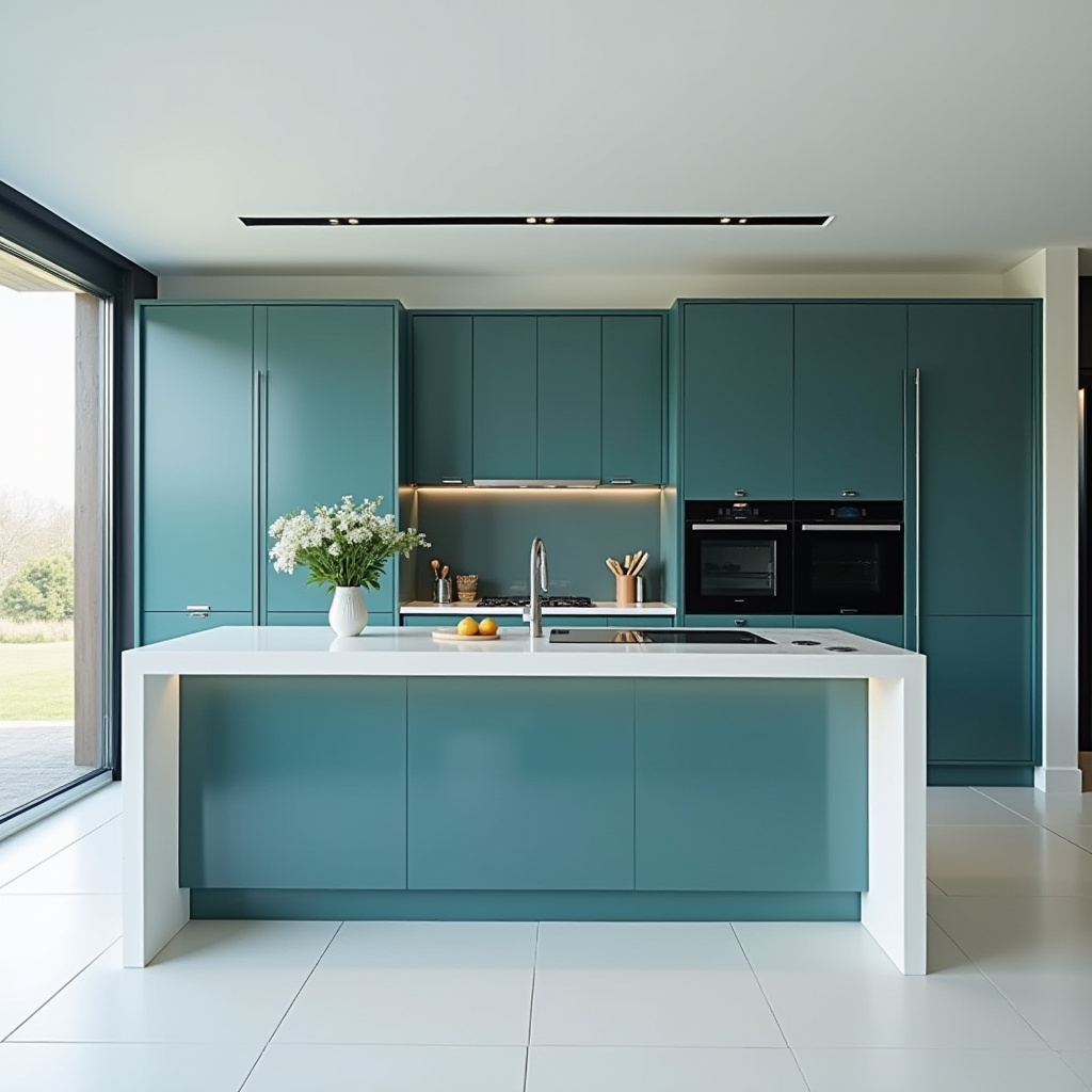 Contemporary teal blue kitchen with high-gloss cabinets